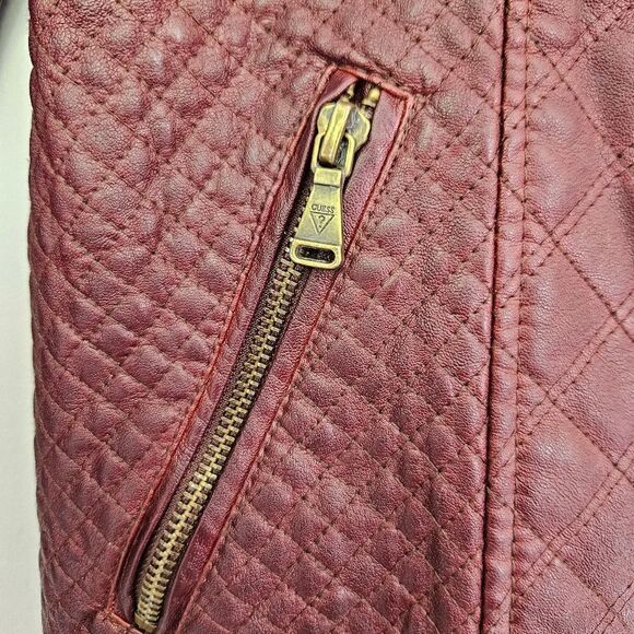 Vintage Guess '90s Burgundy Faux Leather Mandarin Neck Quilted Moto Jacket XL - Picture 11 of 16